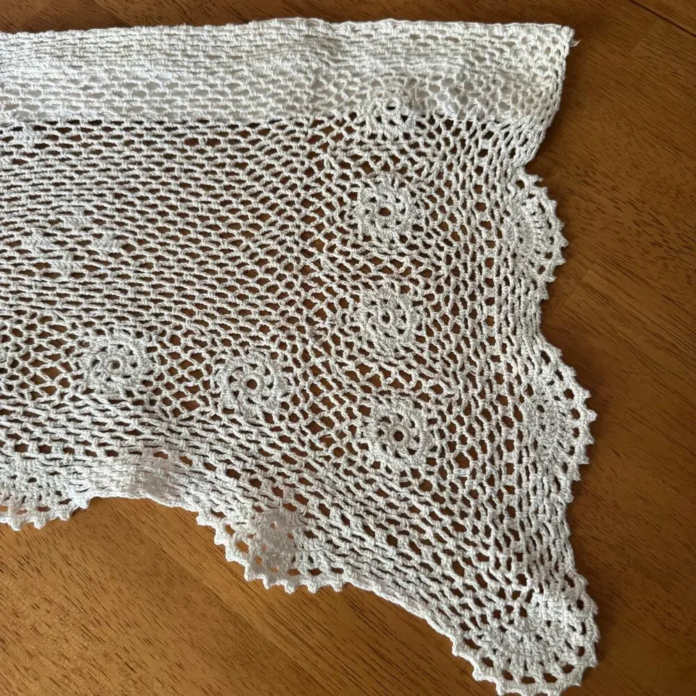 Pair Crochet Cotton Valances 10x56 Scallops Medallions Cottage Country Farmhouse